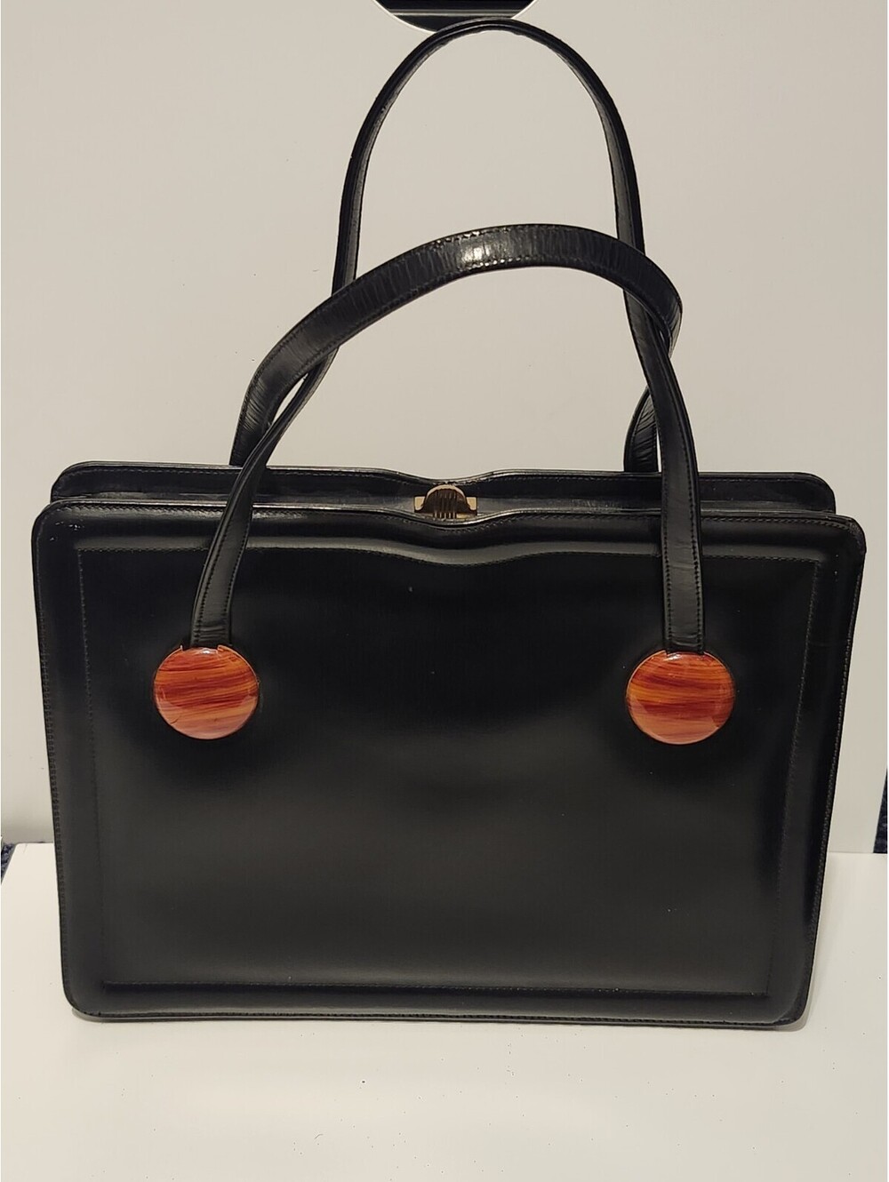 Vintage 1950's Viki Original Black Leather Handbag with Red Lining